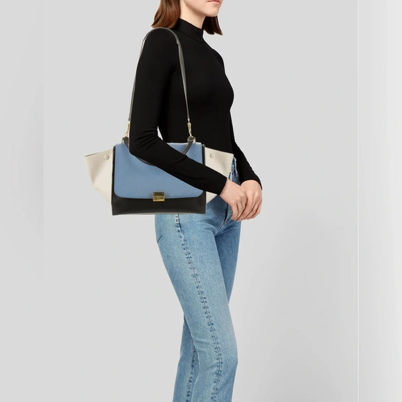 Celine Trapeze Leather Tricolor Red Grey Pebbled Medium Convertible Bag - Picture 15 of 16